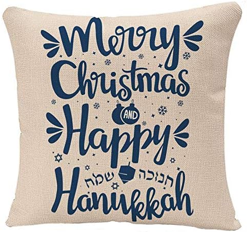 Throw Pillow Covers Festival Hand Written Lettering with Text Happy Hanukkah and Merry Christmas Hanuka Pillow Case 18x18 Inch Square Cushion Cover Pillowcase