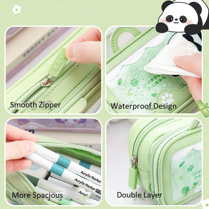 Image of Parshya Pencil Pouch Double Layer EVA Cute Pencil Case Aesthetic Pencil Case for Girls Large Capacity Pen Pencil Pouch Multifunctional Stationery Organizer for School (New Green Panda)