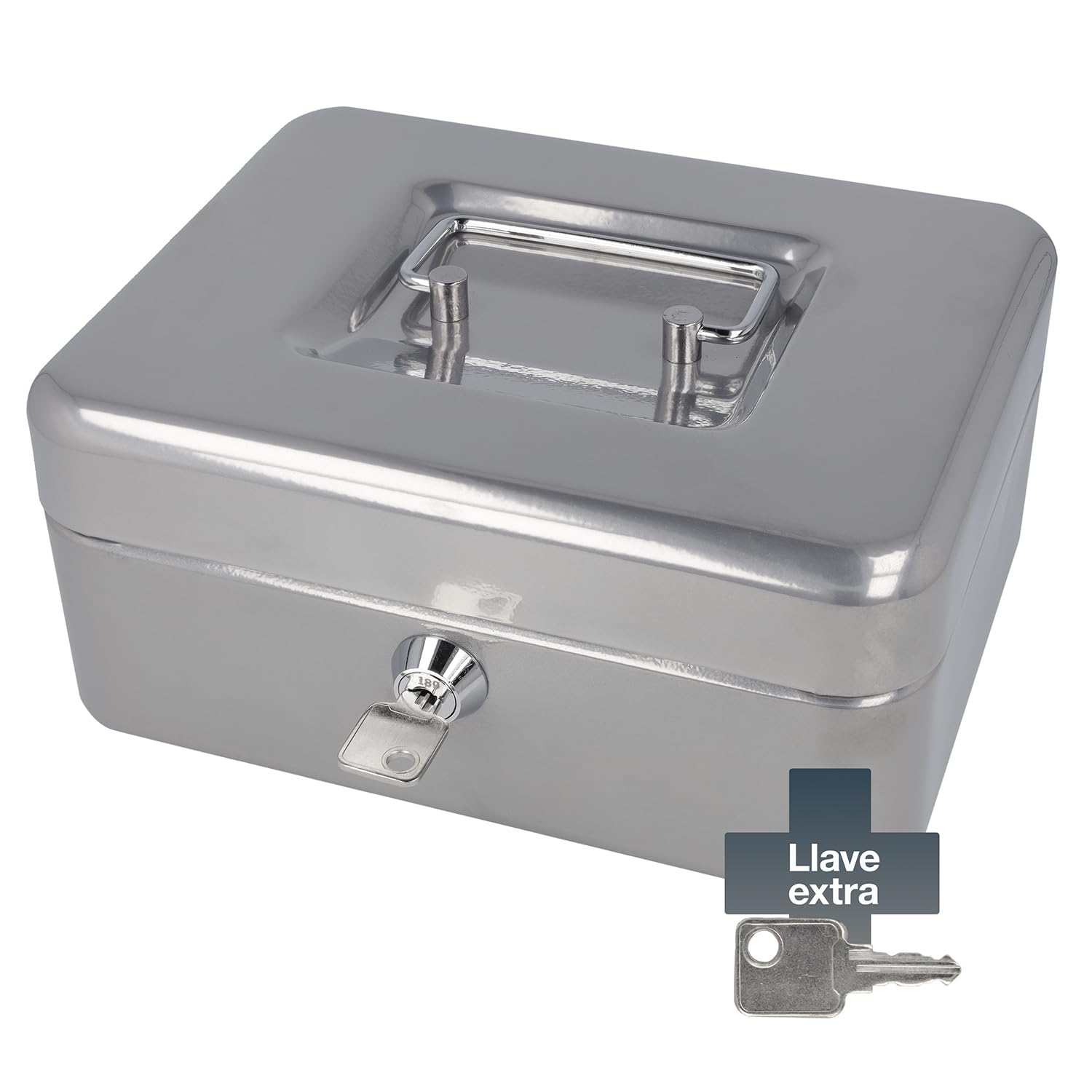 Westcott Caja de efectivo con cerradura (20 cm) plata | Caja con cerradura de chapa de acero con 2 llaves | Inserto extraíble para monedas con 3 compartimentos | E-51001 SILVER