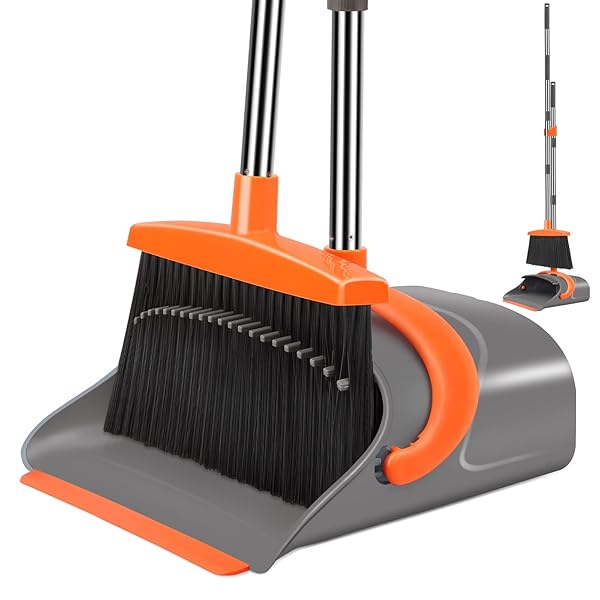 Broom and Dustpan Set for Home, Broom and Dustpan Combo for Office, Long Handle Broom with Upright Standing Dust pan,Indoor&Outdoor Sweeping (Gray&Orange)