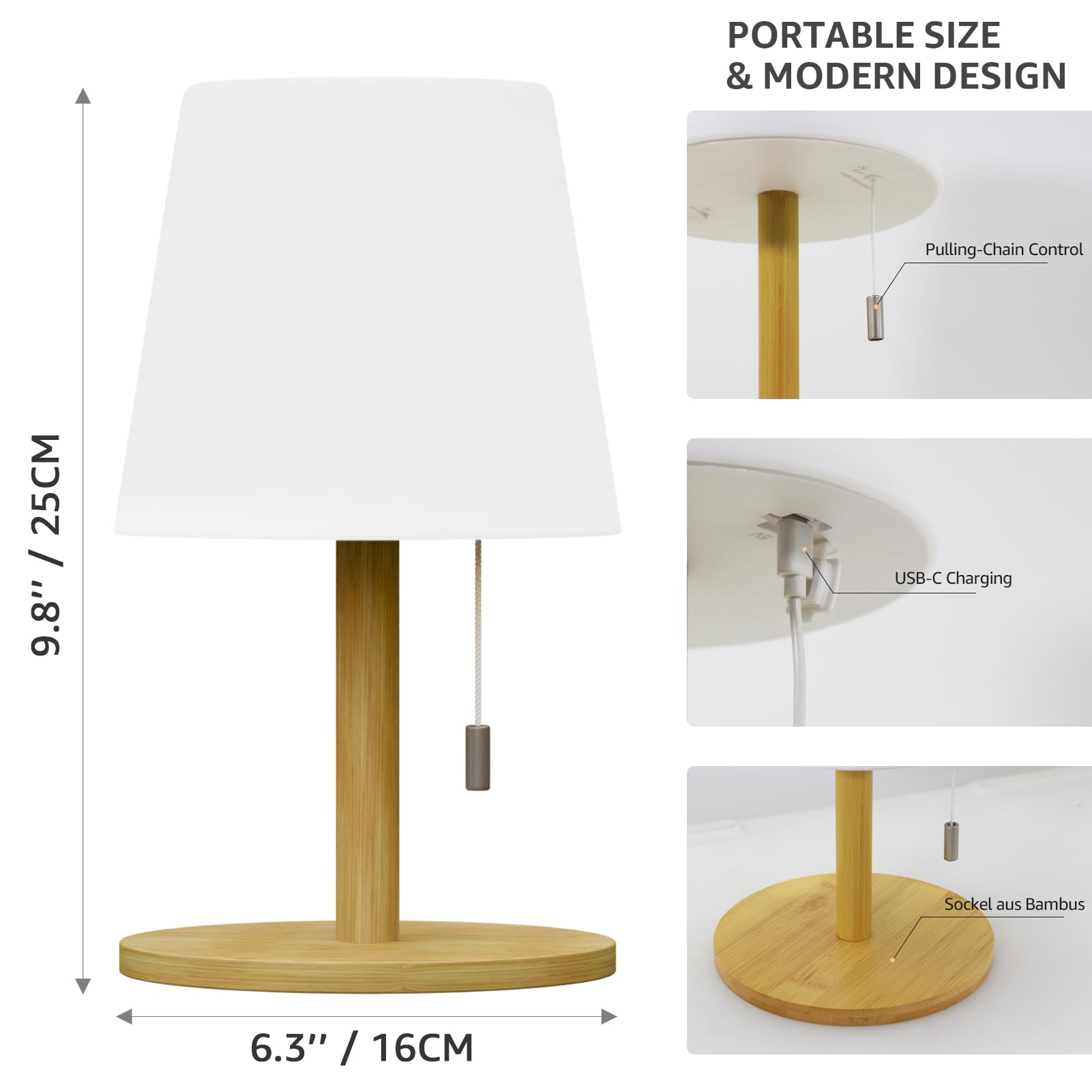 MALUX Lampara de mesa para exterior interior 3000 K 7500 K luz blanca cálida 150lm a prueba de agua IP54 lampara noche, lampara portatil para jardín mesa hotel decoración (mástil de luz: bambú)