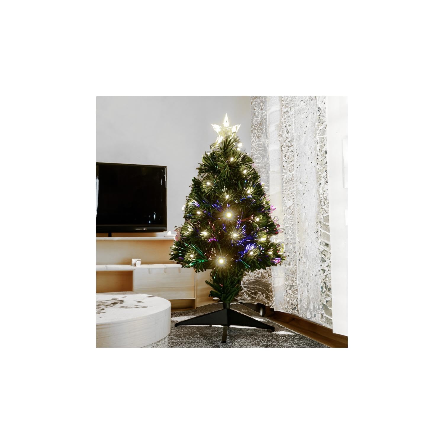 Albero di Natale in fibra ottica, bassa tensione, 90 cm, luce bianca fredda, ideale per decorazioni festive e ambienti natalizi.
