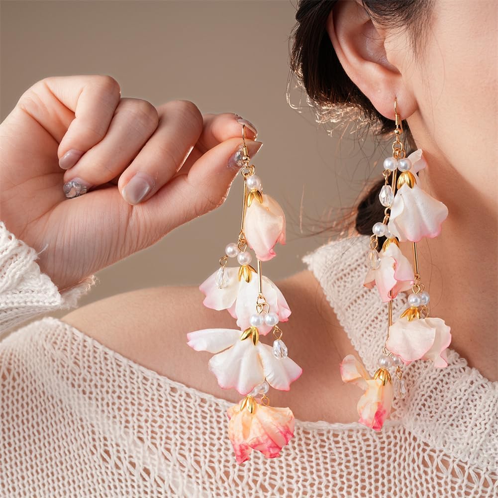 Bohemian Fabric Flower Tassel Dangle Drop Earrings Unique Petal Butterfly Sparkly Crystal Pearl Gold Stud Earrings For Women - Image 4