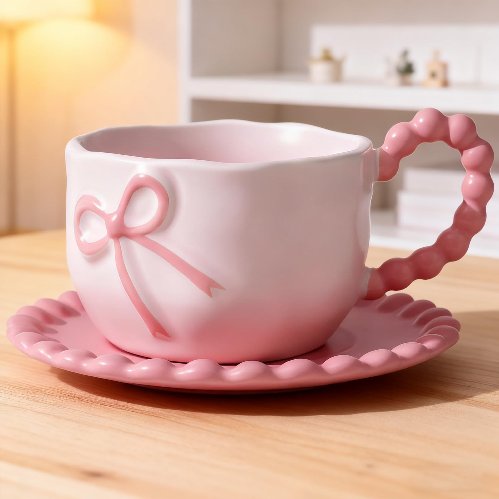 Amazon.com | Disoza Bow Coffee Mug Pink Coquette Coffee Mugs Set with  Saucer 12 OZ Porcelain Tea Cup Bow Cute Mug for Women Girl: Cup & Saucer  Sets