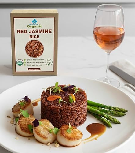 Miniatura 7 de Arroz jazmín rojo tailandés orgánico, 2 libras, sin gluten, certificado USDA, sin conservantes, lote pequeño cultivado de Tailandia.