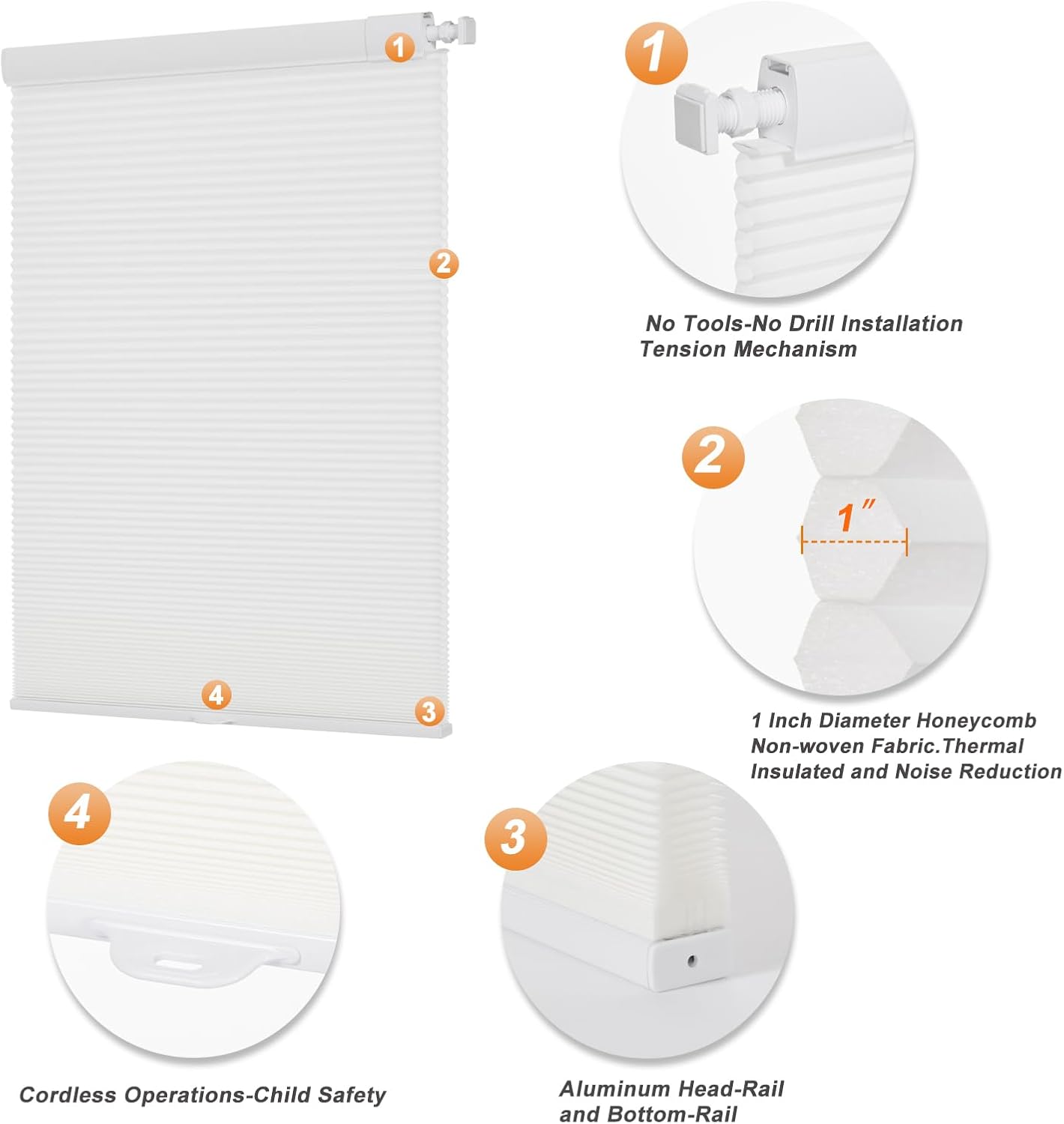 Persilux No Drill No Tools Cordless Cellular Shades Light Filtering Cellular Blinds for Window Blinds (30" W x 48" H, White) 1" Cell Honeycomb Blinds for Windows Shades for Home Sliding Glass Doors