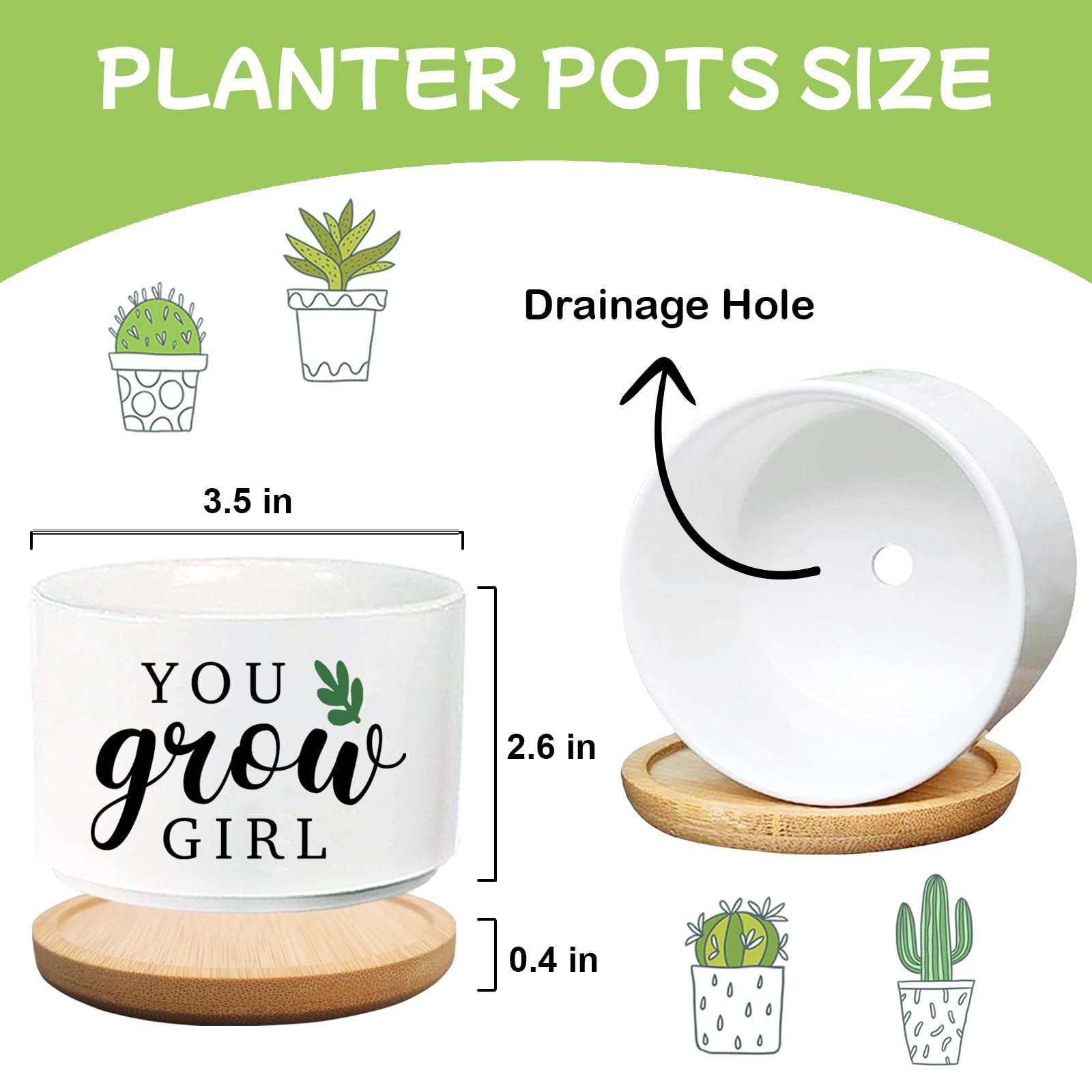 You Grow Girl - Macetas para suculentas con bandeja de bambú, maceta de interior para hija, hermana, mujeres, amigas, compañeros de trabajo de trabajo, regalo de inauguración de la casa