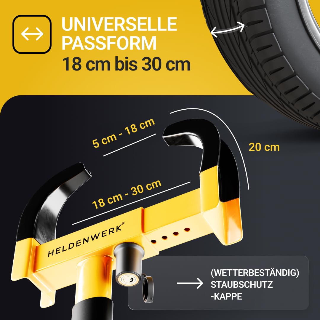 HELDENWERK Cepo de estacionamiento con cerradura de seguridad y 3 llaves – cepo para coche, caravana, remolque, motocicleta – garra de neumáticos de coche, garra de coche, garra de rueda para
