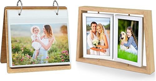 ZEEYUAN Marcos de fotos de 4 x 6 pulgadas, marco giratorio de madera rústica y 60 bolsillos de 4 x 6 pulgadas, marco de fotos abatible para álbum de