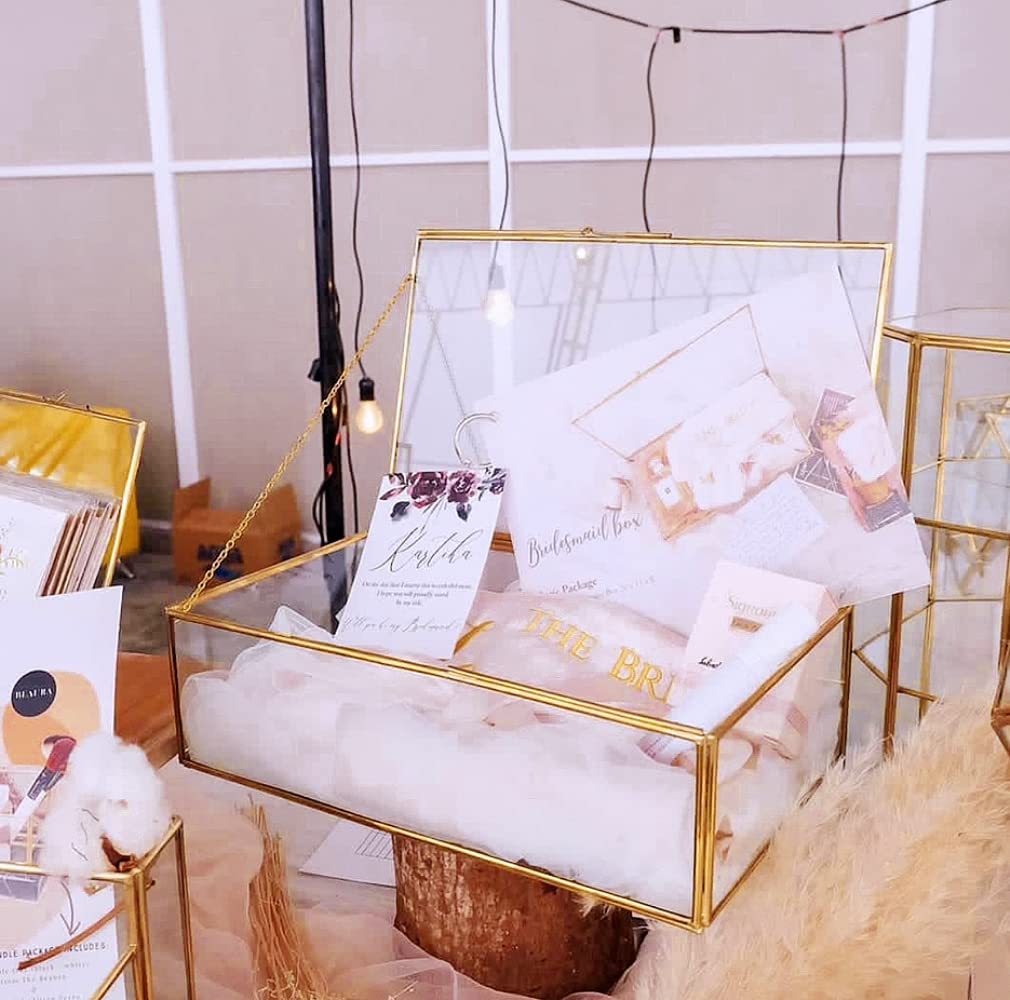 Levilan Large Golden Vintage Lidded Glass Box, Edge Bracelet Decorative Jewelry Display Box, Rings Bracelet Organizer Home Decor(10.8x7x3.9 inch)