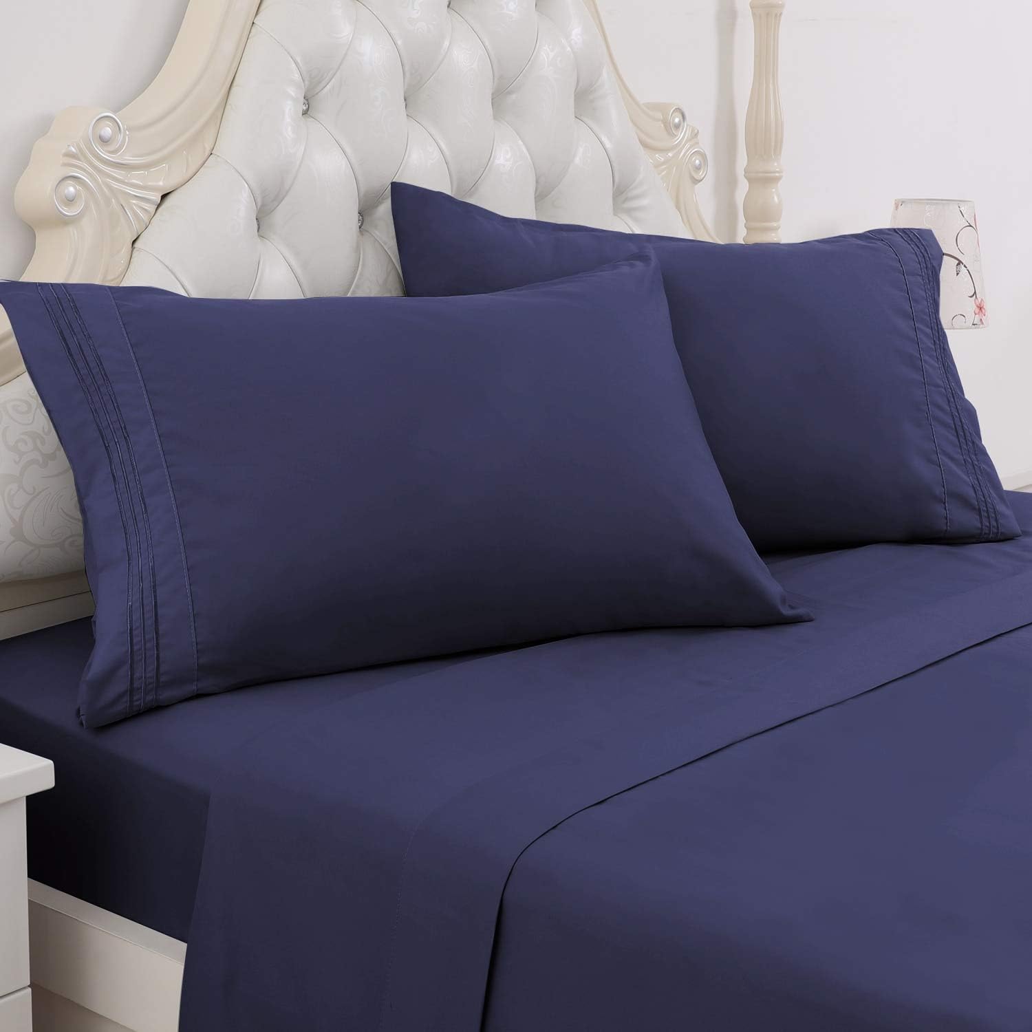HOMEIDEAS 1800 Thread Luxury Bed Sheets Set, Soft Microfiber Bedding Sheets (CK,Quatrefoil Royal Blue