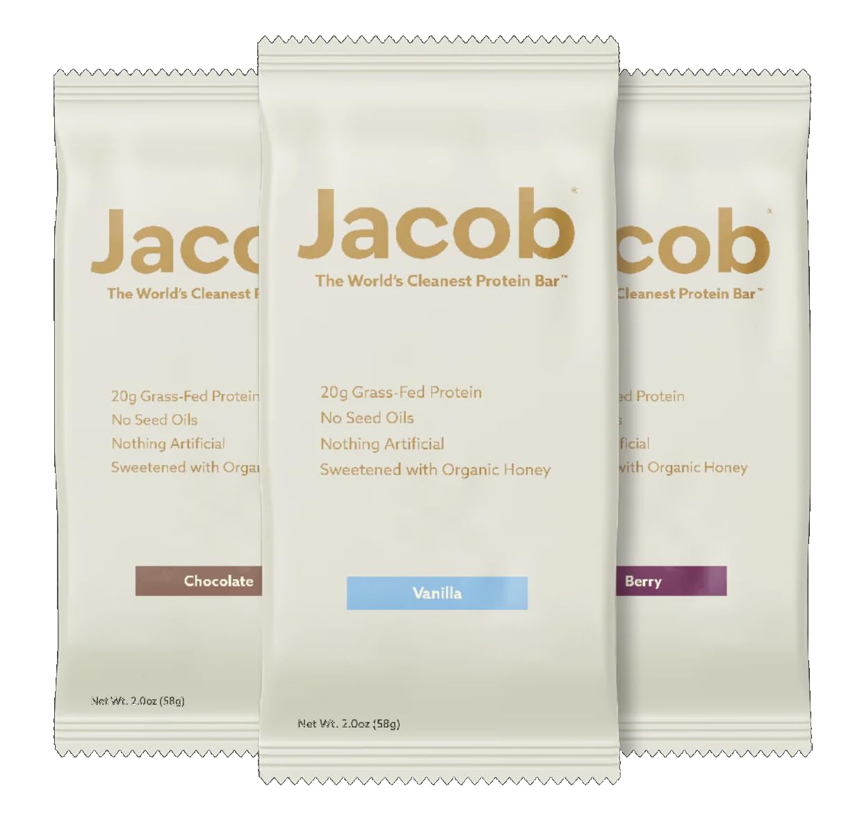 Jacob Bar, Protein Bars, Variety Pack (9 Bars Total) Contains 3 of Each; Chocolate, Vanilla, Berry - 20g Grass-Fed Protein, No Seed Oils, Nothing Artificial