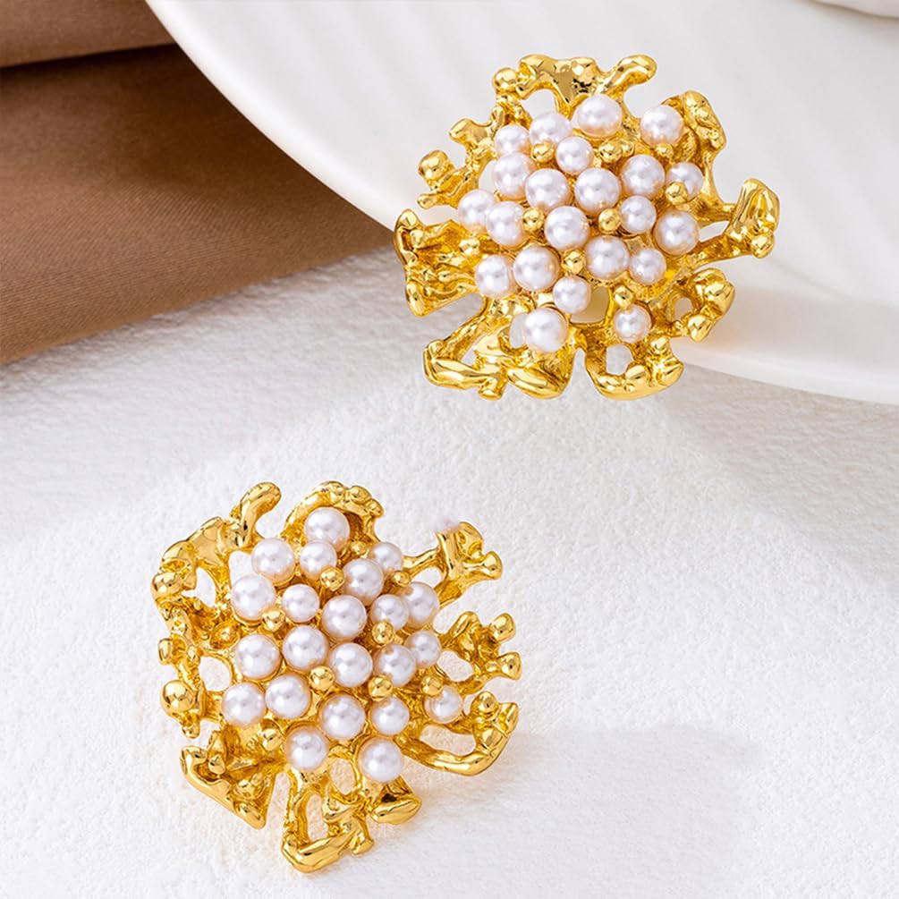 Vintage Beads Pearl Cluster Gold Stud Earrings for Women Unique Exquisite Statement Beaded White Pearls Ball Drop Earring Y2K Prom Party Jewelry Gift - Image 4