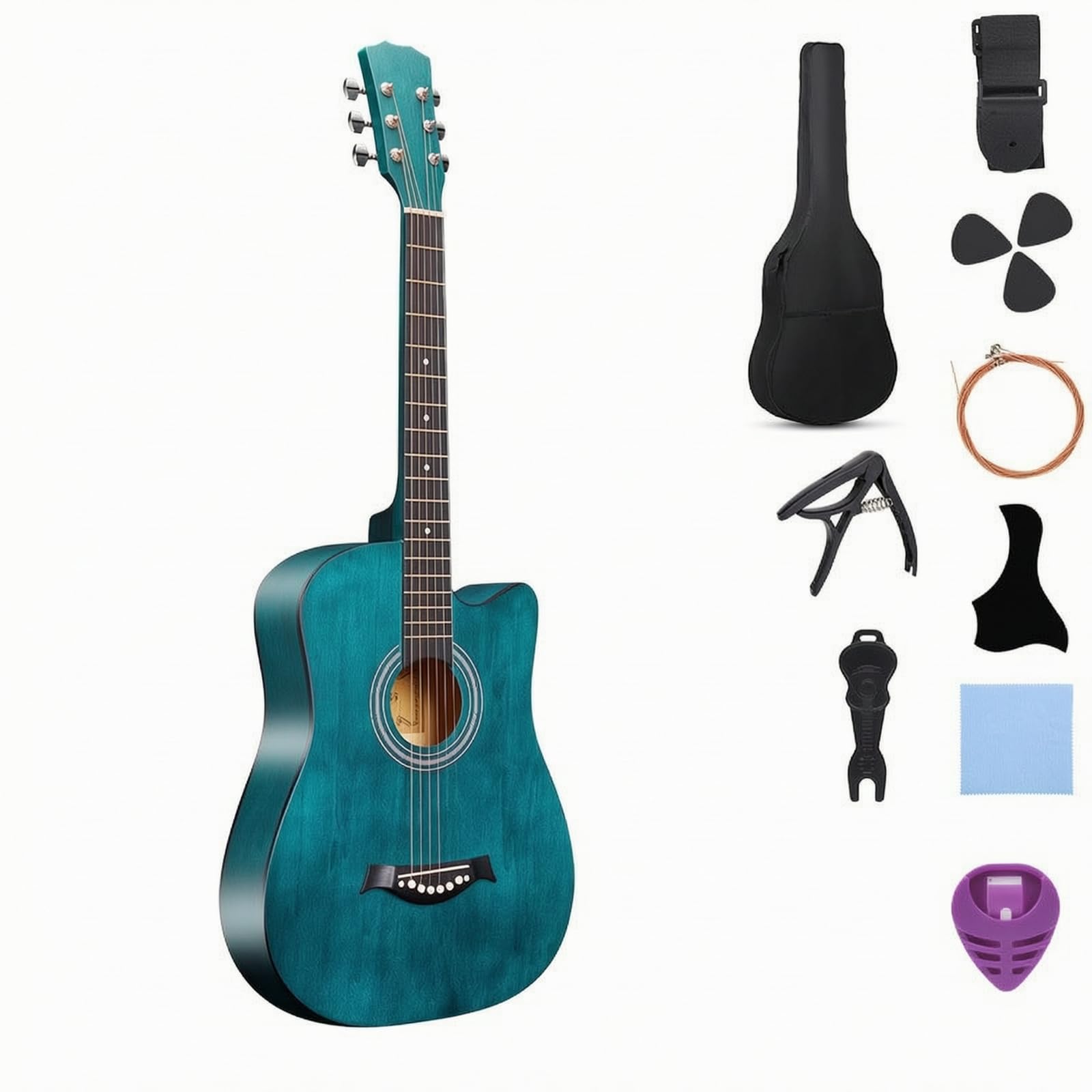 Qianly Akustikgitarre 38 Zoll Gitarrenset mit Zubehör Komplett Gitarren Set mit Tasche für Anfänger, Schüler, Gitarrenunterricht, Türkis