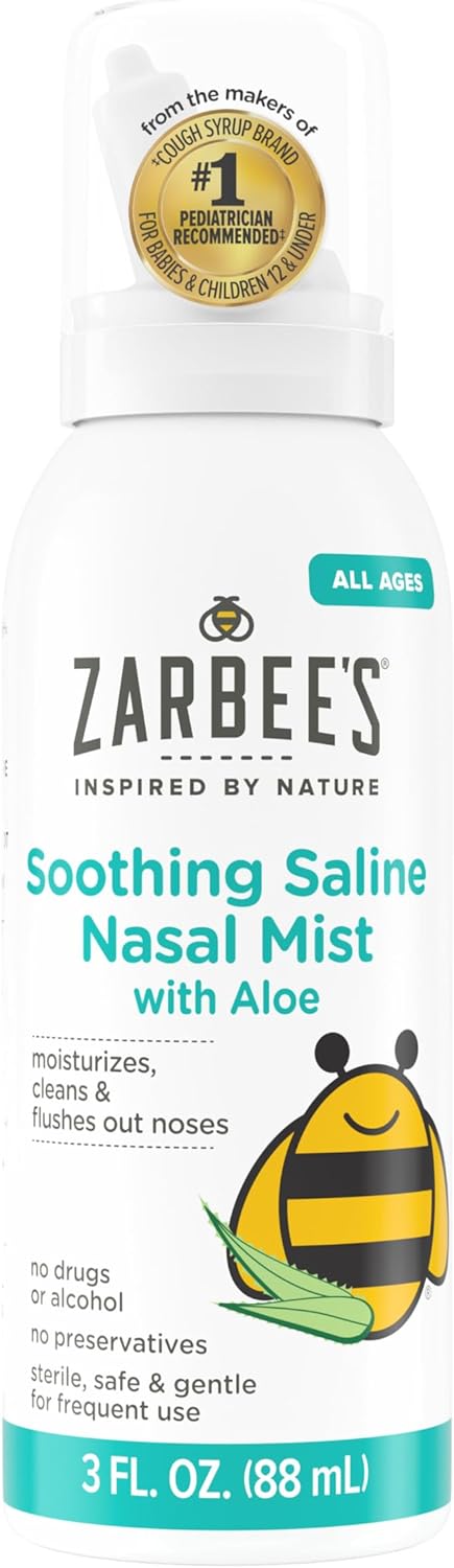 Zarbee&amp;#39;s Baby Nasal Saline Spray, Soothing Sterile Mist with Aloe, Newborns &amp; Up, Cleansing Nose Relief, 3Fl Oz