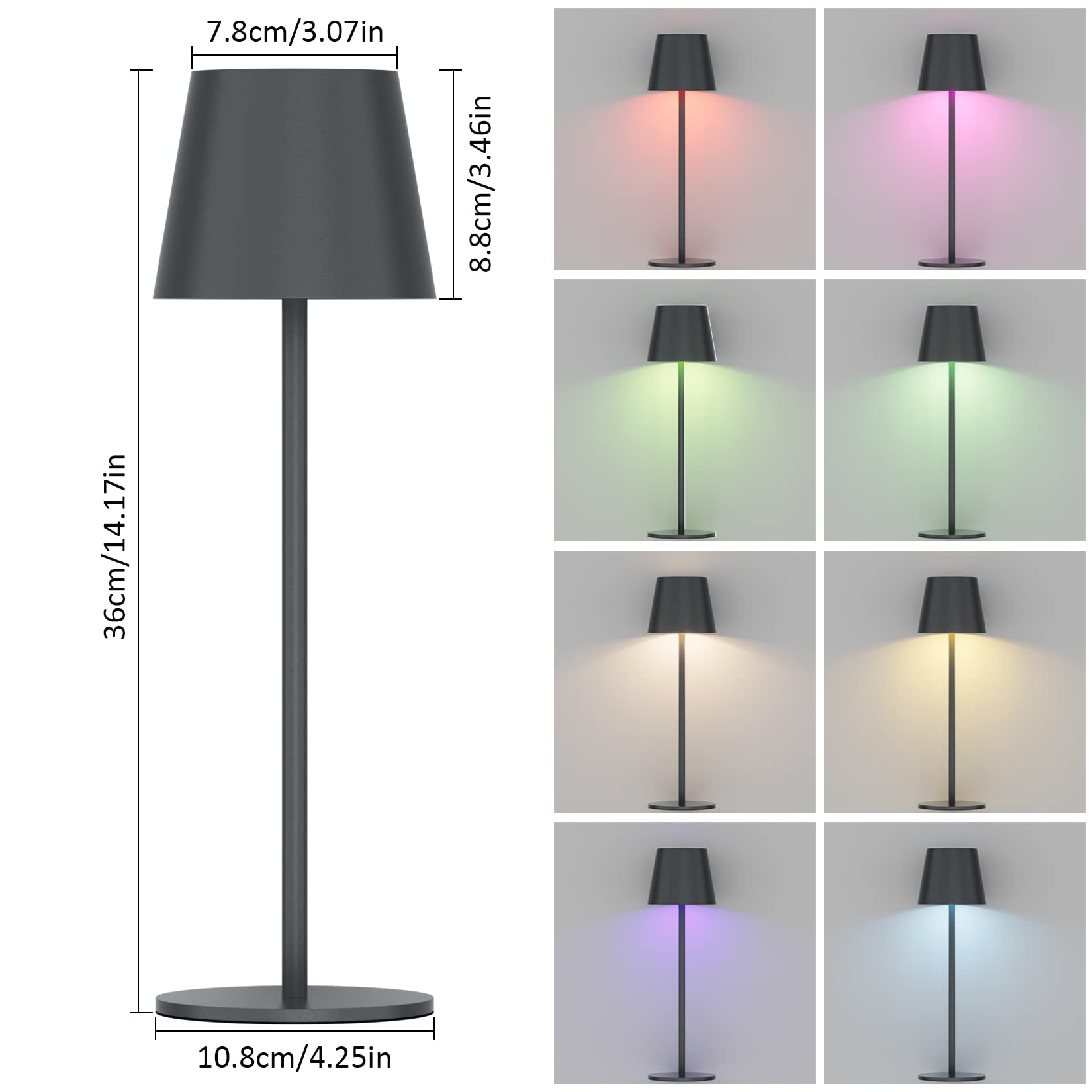 K-Bright 2 pezzi Dimmerabile LED Lampada da tavolo senza fili, Ricaricabile Luce calda Colore e Dimmerazione RGB Impermeabile IP54, scrivania Illuminazione per interni per esterni Antracite