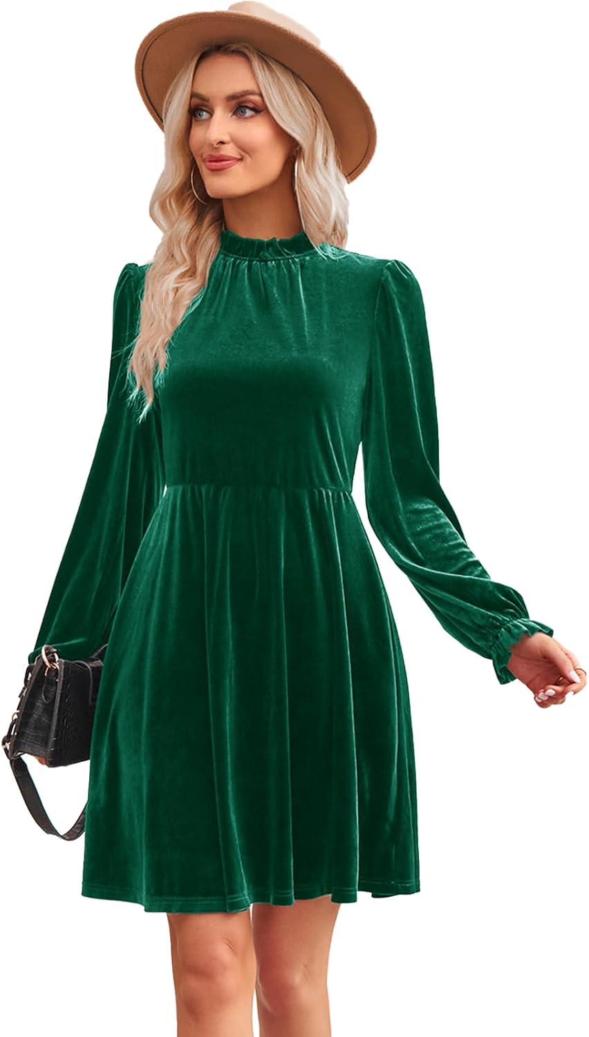 Jayscreate Women's 2023 Velvet Dress Elastic Waistline Fall Long Sleeve Wedding Guest Short Wrap Tunic Formal Dress - Image 4