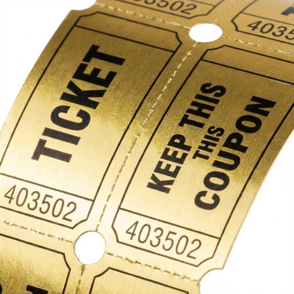 Golden Tickets 1 Roll 1000 Metallic Foil Raffle Tickets for Events, Carnivals, Contests, Entry Prizes & Class Rewards (Golden)