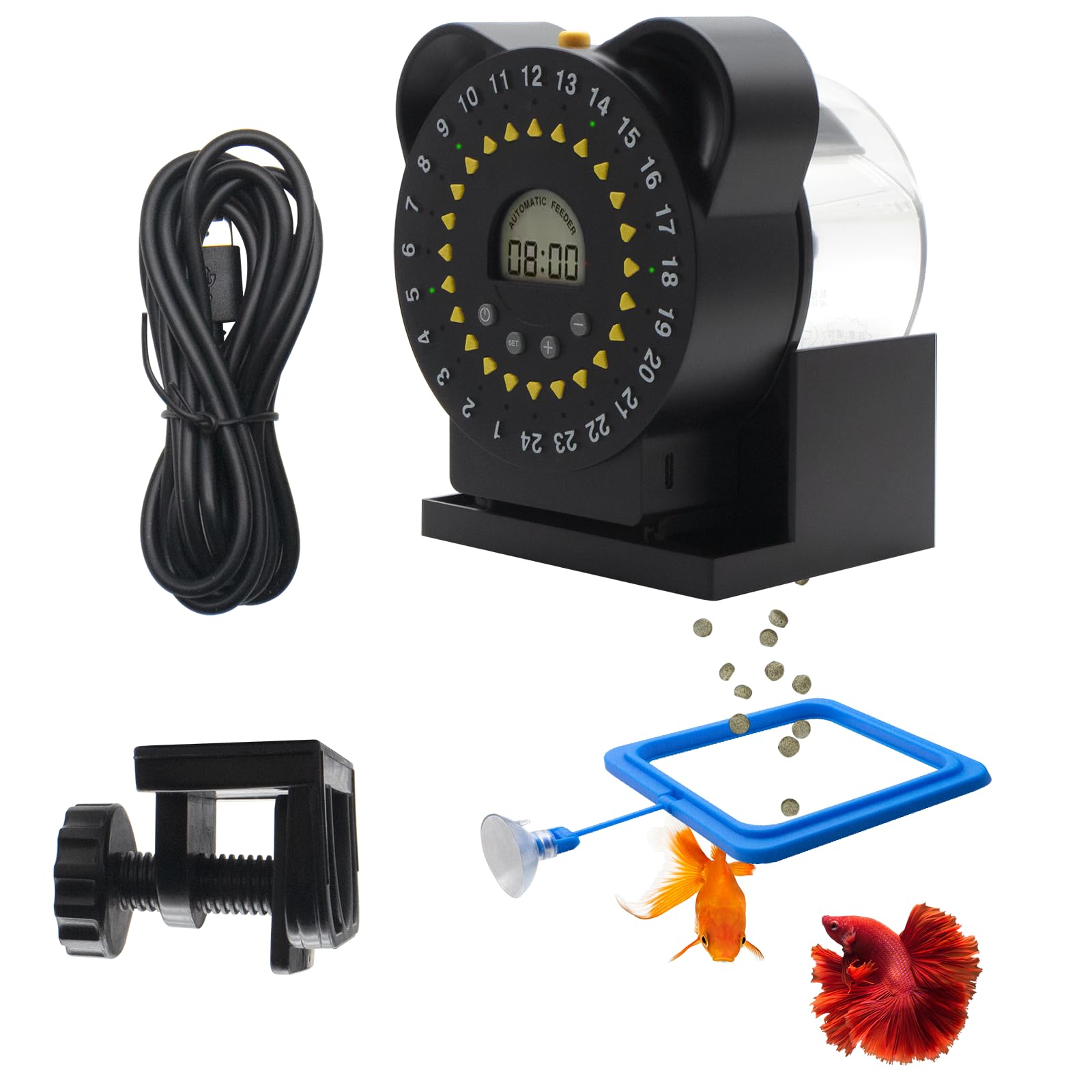 Mangeoire à poissons pour aquariums avec écran LCD, alimentation automatique USB, jusqu'à 24 repas par jour, avec conteneurs alimentaires de 280 ml, anneau d'alimentation pour poissons