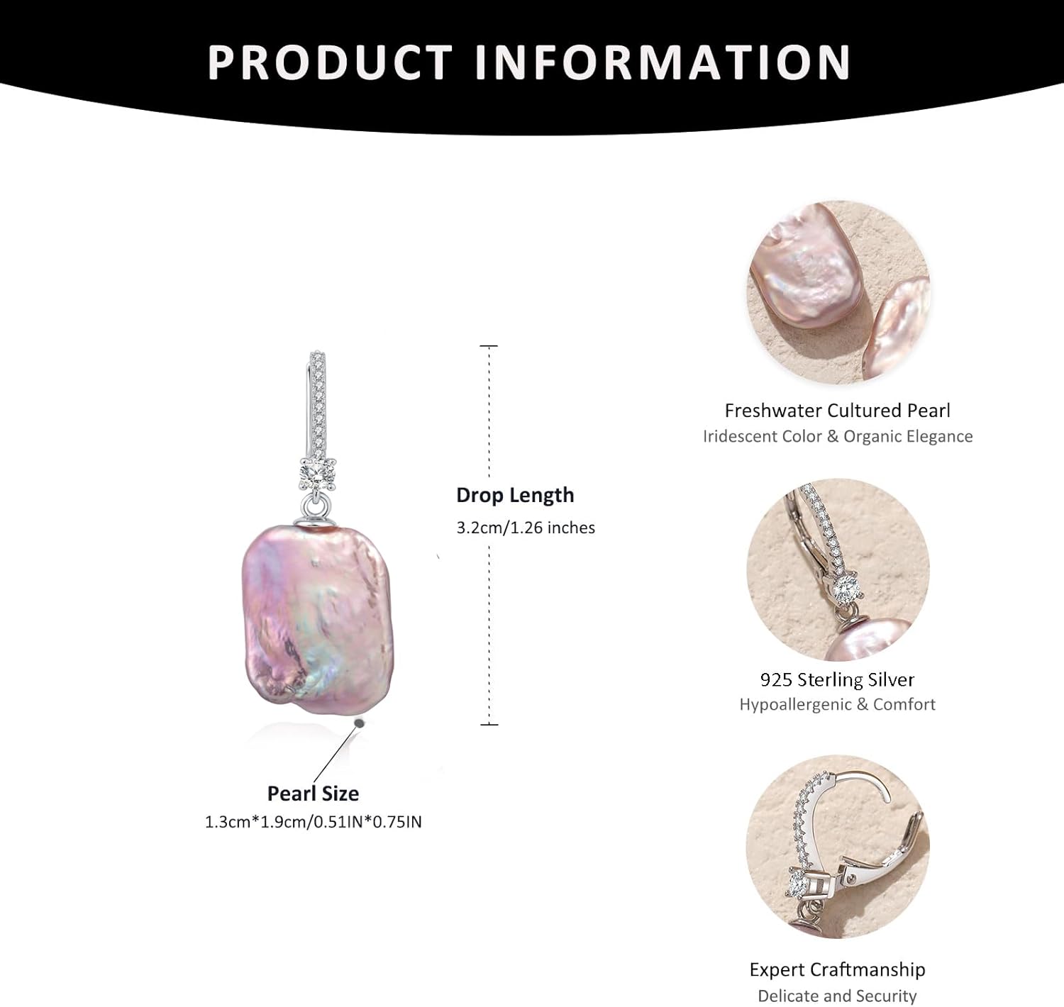 YAMI Baroque Pearl Earrings Drop & Dangle, Freshwater Cultured Pearls with 5A Cubic Zirconia, 925 Sterling Silver Hoop Earrings Hypoallergenic, Jewelry Gifts for Women - Image 3