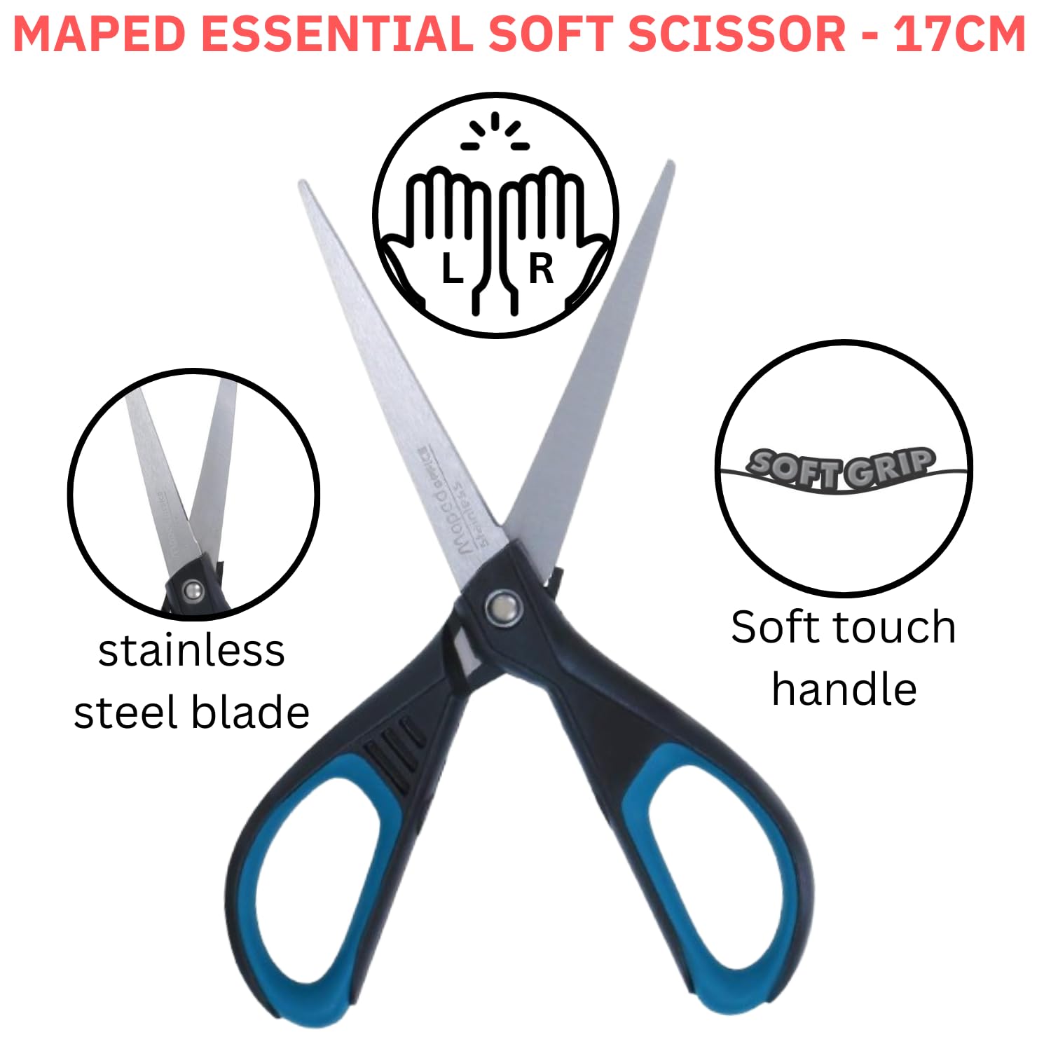 Maped Scheren-Set – 2-teilig, Mehrzweckschere, Universalschere, 13 cm (blau) und essentielle weiche Schere 17 cm, super bequemer Griff, robuste Edelstahlschere