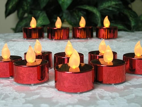 Miniatura 5 de BANBERRY DESIGNS Velas de té LED rojas, juego de 12 velas de té rojas metálicas sin llama, funciona con pilas, decoración de mesa para bodas,