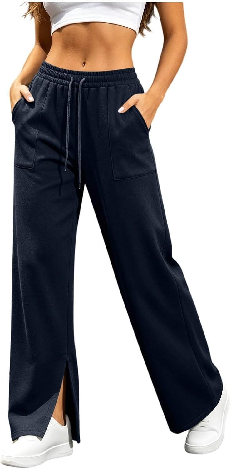 Women Split Hem High Waisted Wide Leg Sweatpant with Pockets | Drawstring Elastic Waist Soft Jersey Fabric for Woman, Slit Bottom Flow Trouser, for Street Shopping Daily Lounge Wear