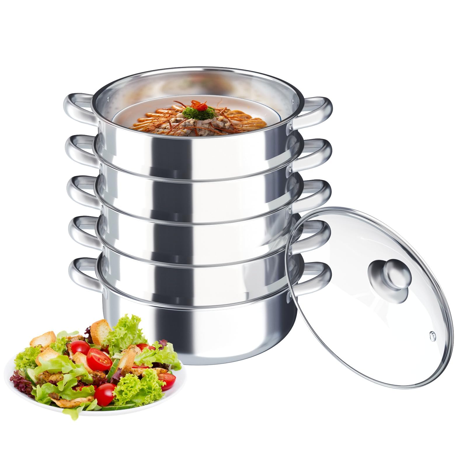 5 Lagiger Dampfgarer, 30cm Multifunktionale Edelstahl Steamer Dampfkocher Kochtopf Set mit Glasabdeckung, Silbrig Edelstahldampfer Topf für Alle Herdarten wie Induktion, Elektrokeramik, Elektro