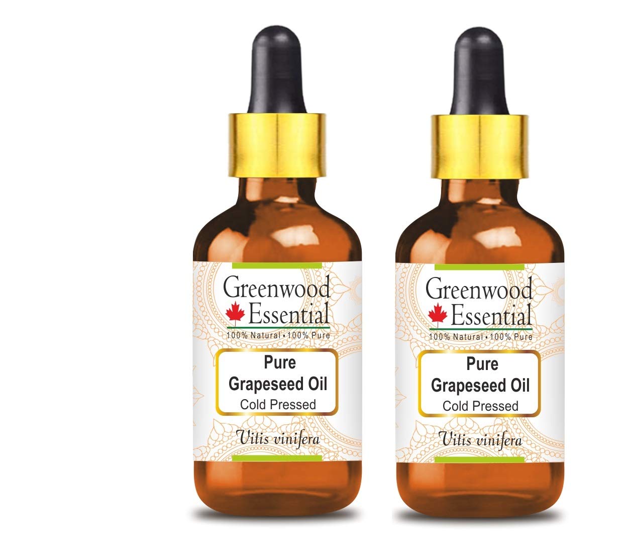 Greenwood Essential Huile de pépins de raisin naturelle (Vitis vinifera) avec compte-gouttes en verre pressée à froid 100 ml x 2 (6,76 oz)