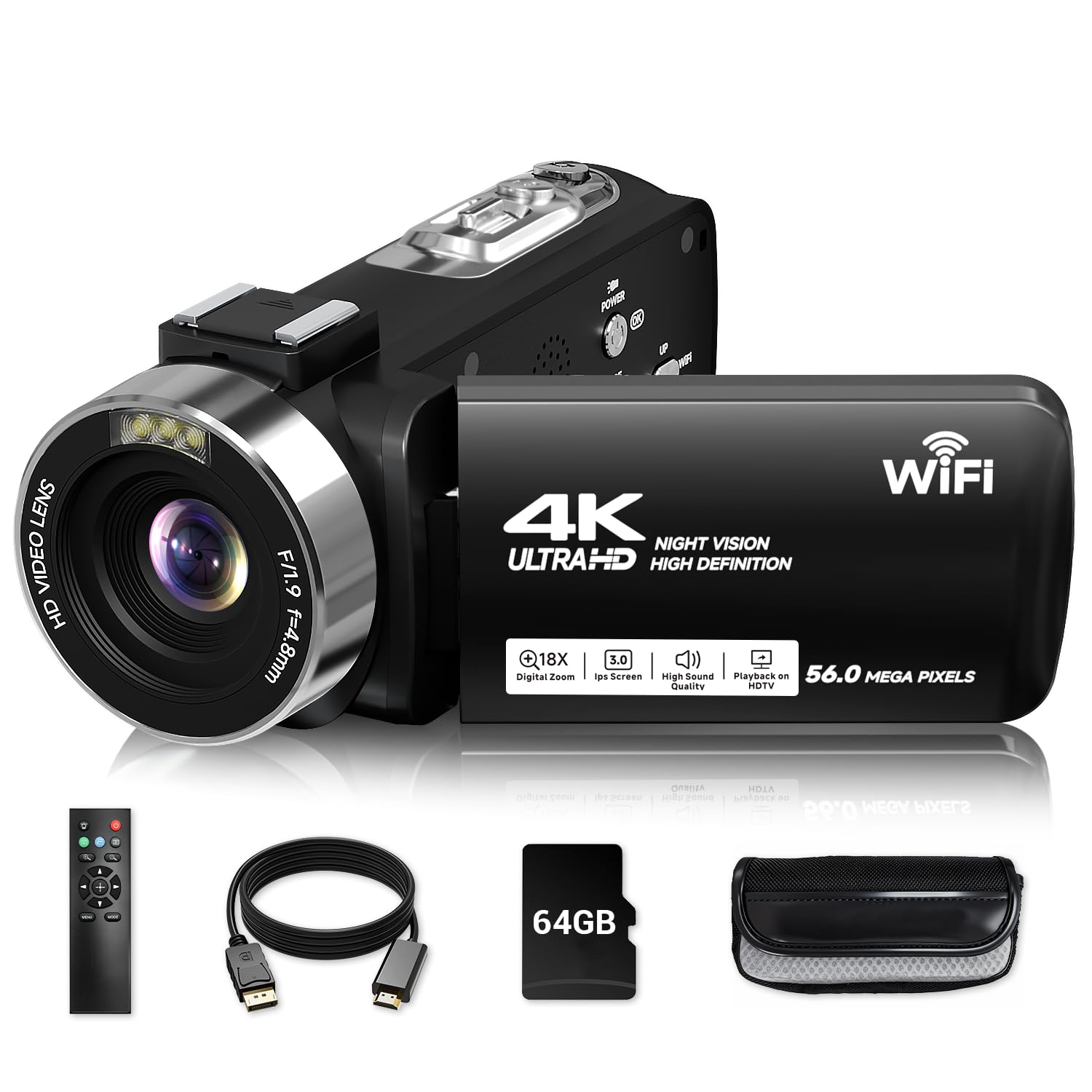 Video Camera, 4K Camcorder 56MP Digital Video Recorder 18X Zoom 3" 270° Rotation Touchscreen IR Night Vision, Wifi Vlogging Camera for YouTube 64GB Card Anti-Shake Remote Control Camera Bag Lens Cap