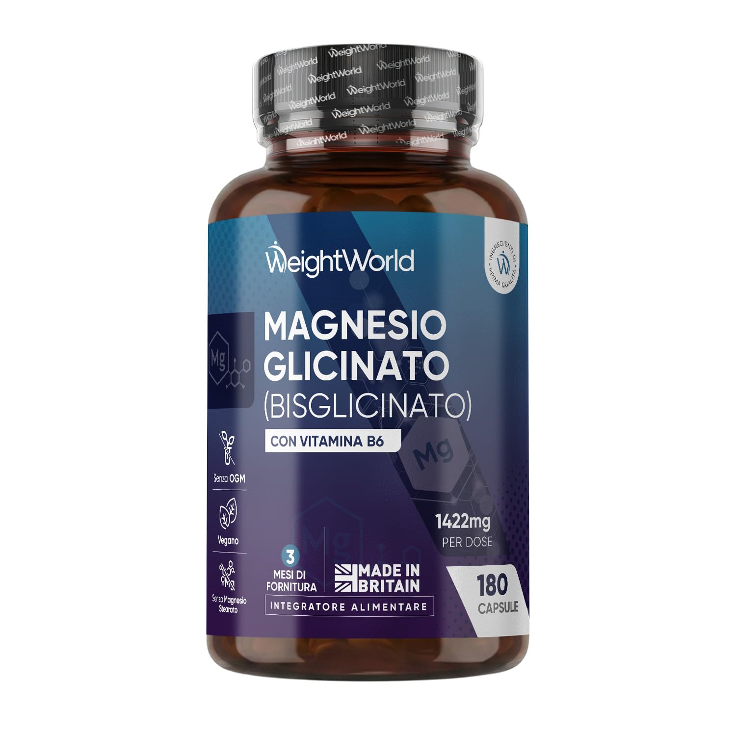 Magnesio Bisglicinato 1422mg per Dose con Vitamina B6, 180 Capsule, 3 Mesi | Magnesio Glicinato Vegano con Piridossina Cloridrato, 2 Capsule al Giorno di Magnes