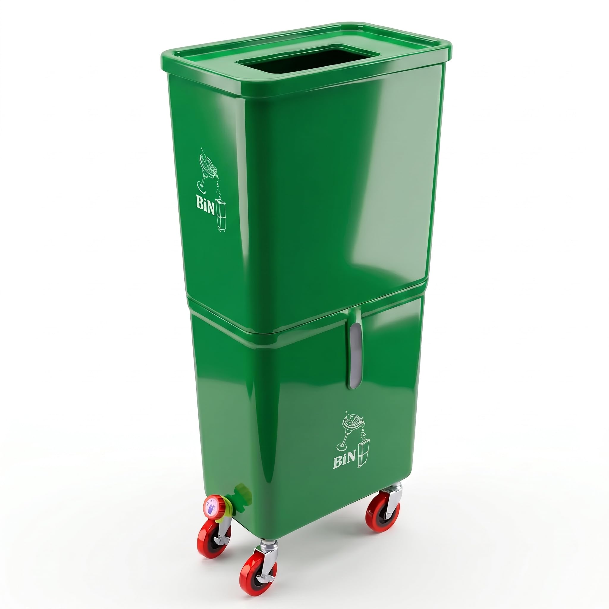 Cubo de basura de doble compartimento con ruedas de bloqueo, HDPE, 16 x 10 x 36 pulgadas, para bares, restaurantes y eventos (verde)