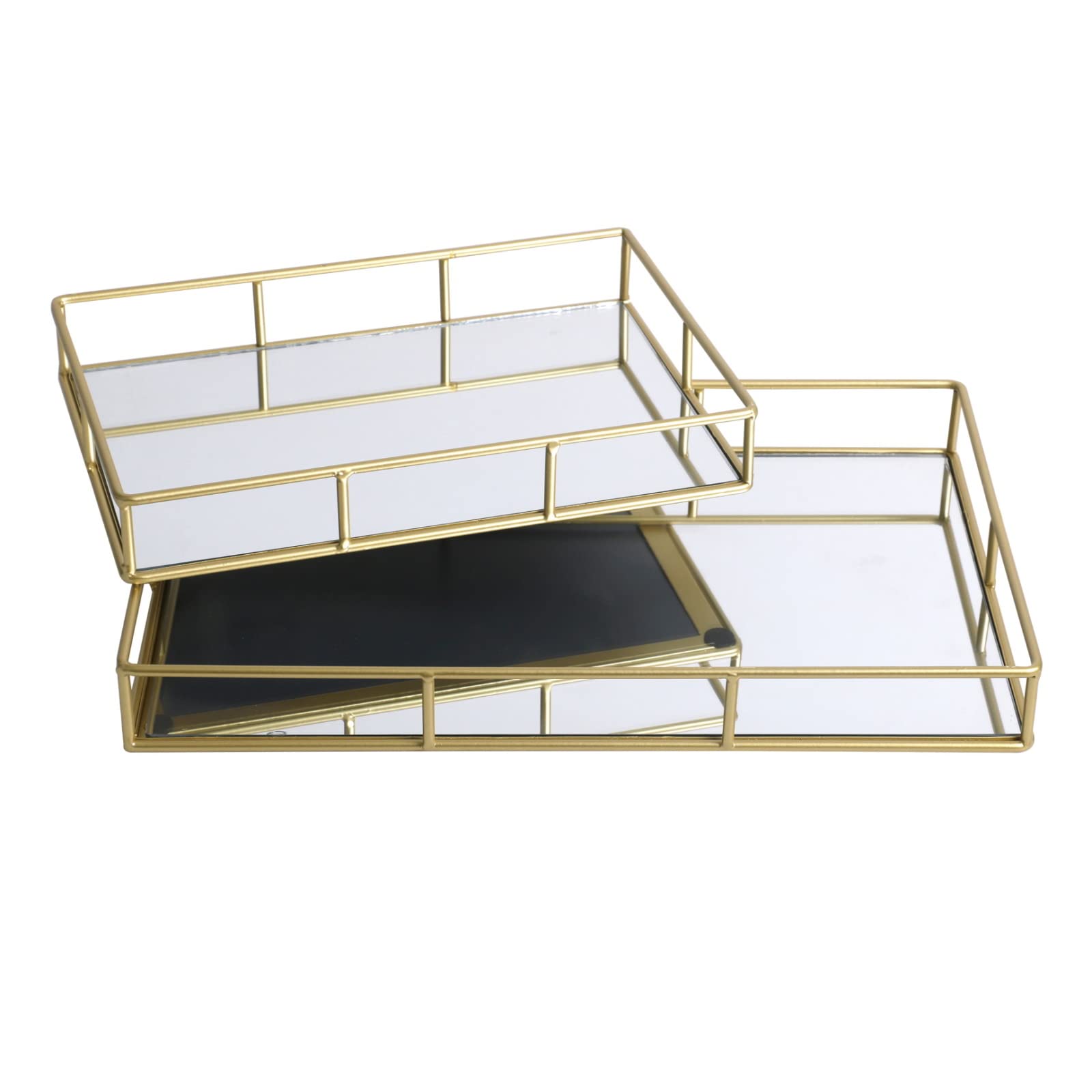 Fornord Gold Mirror Tray Decorative Mirrored Glass Tray Metal Perfume Vanity Dresser Tray Jewellery Cosmetics Organiser Candle Tealight Plate Display Tray Drinks Tray, Set Of 2 (Rectangle)