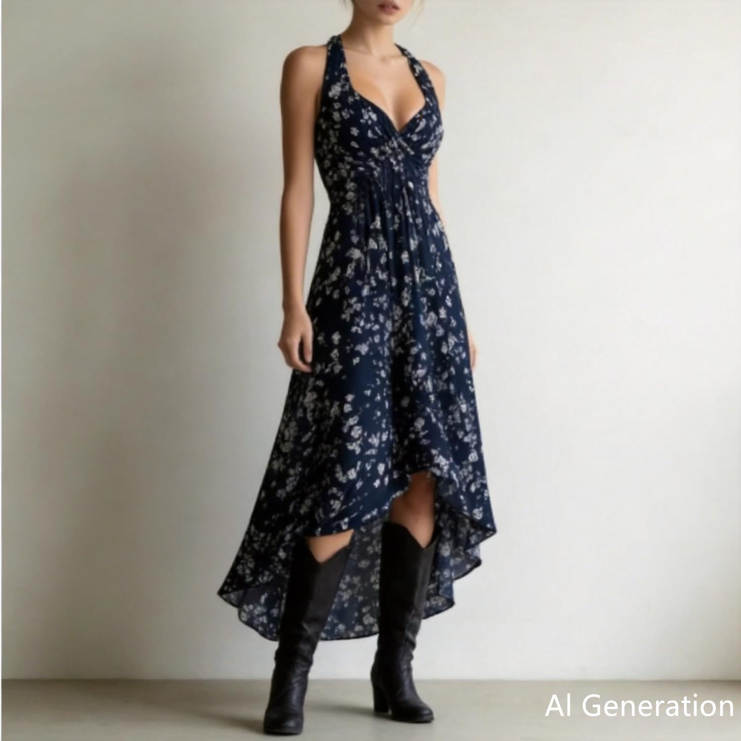 Vestido Largo Casual para Mujer con Estampado Floral, Cuello Halter y sin Mangas
