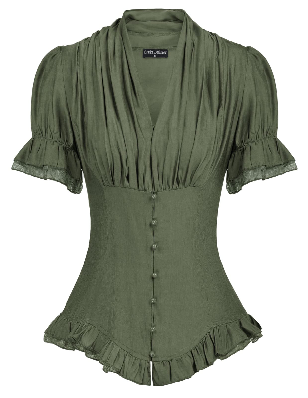 SCARLET DARKNESS Donna Camicia Vittoriana Gotico Camicetta in Pizzo Scollo a V Renaissance Tops | Maniche corte con volant, scollo a V, allacciatura sulla schiena