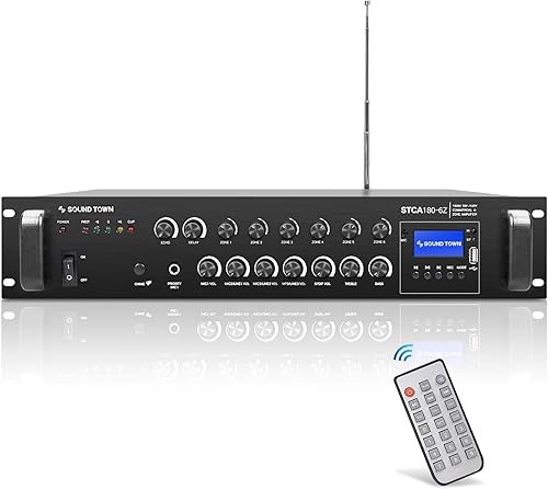 Miniatura 9 de Sound Town Amplificador de potencia comercial de 60 W, 2 zonas, 70 V/100 V, con Bluetooth, aluminio, para restaurantes, salones, bares, pubs,