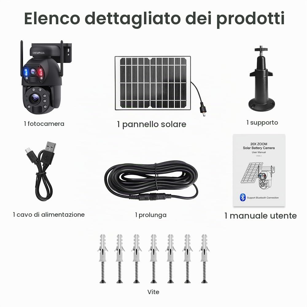 SHIWOJIA Telecamera di Sorveglianza WiFi Esterno, 20X Zoom 6 MP 360° PTZ Telecamera Esterna Solare con Doppia Lente, 100m Visione Notturna a Colori, PIR Smart Detection, Audio Bidirezionale
