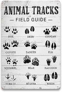 Animal Tracks Field Guide Sign - Vintage Metal Sign for Forest Hunting, Log Cabin, Boys Room, Treehouse, Farm Animal Nursery Decor Accessories, Gifts for Animal Hunting Lover, 8 x 12 inch