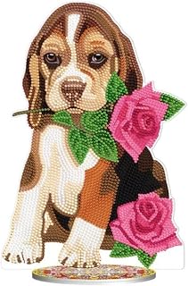Syntego Acrylic Diamond Art Kit - 5D DIY Beagle Puppy with Rose - Diamond Painting Kit for Adults - Includes Template, Art Pen, Tray, Round Drill Diamonds, Base - 28.5cm x 19.5cm