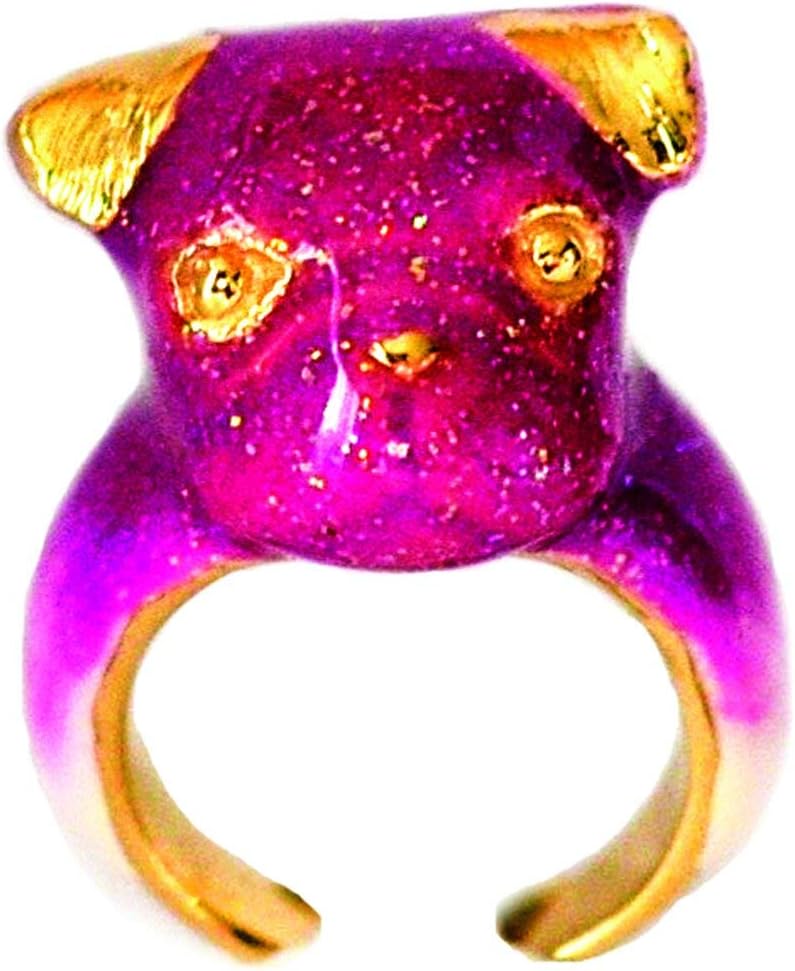 Ruby Pug Ring by MONVATOO London, a free-size (adjustable band) sparkling pink and gold enamel pug ring jewelry