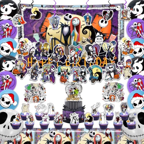 162 pcs Jack and Sally Birthday Decorations Nightmare Party Supplies Kit for Kids Adults Includes Banner Backdrop Balloons Tablecloth Stickers and Temporary Tatoos Hanging Swirls & Cake Topper