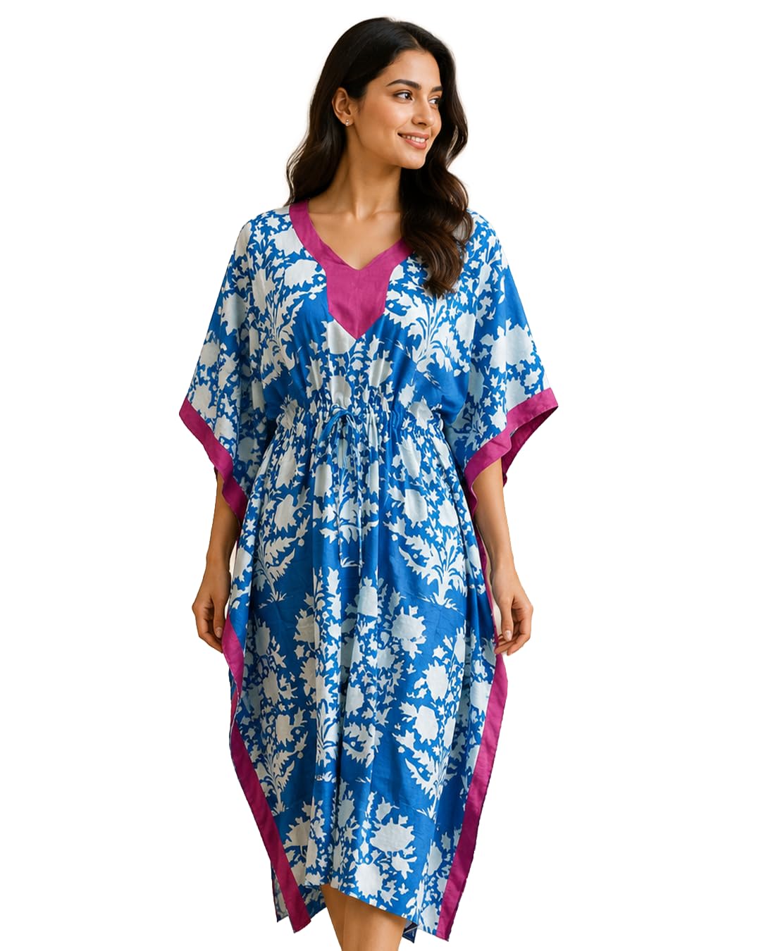 Royal Azure Floral Cotton Kaftan Dress for Women | Relaxed Fit Drawstring Maxi Lounge Dress | Lightweight Printed Resort Wear Kaftan by Yukti-image-15