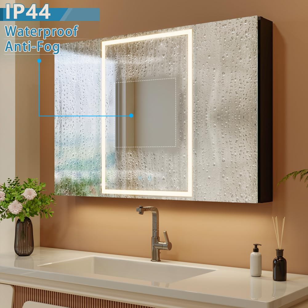 KWW LED Beleuchtetes Badezimmer Medizin Kabinett mit Spiegel, Farbtemperatur Einstellbar, Anti-Nebel Dimmbare Lichter, Steckdosen für USBs (3 Türen–100×70)