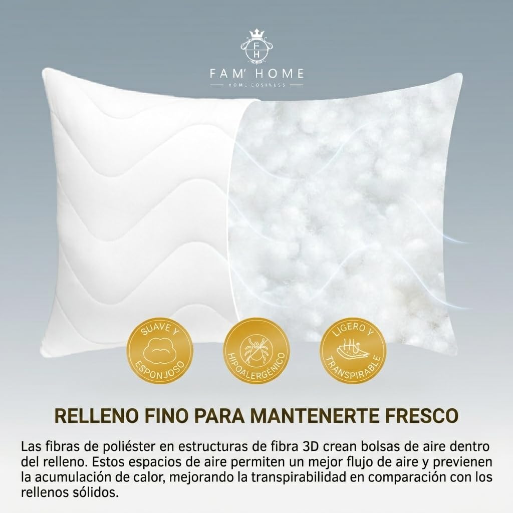 FAM' Home - Juego de 2 Almohadas hipoalergénicas de Lujo, 50 x 70 cm, Relleno de Volumen (720 g), Almohada ergonómica Blanca, fácil Cuidado, Almohada de 50 x 70 cm, Lavable hasta 95 °C, Transpirable