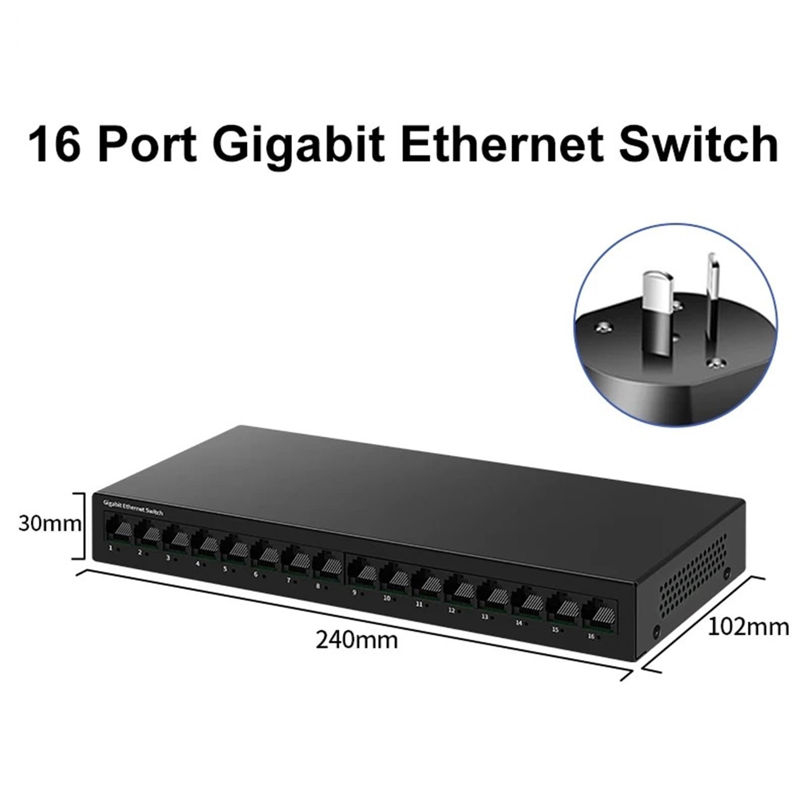 Przełącznik przemysłowy Gigabit 16-portowy przełącznik sieciowy Homelab Ethernet bez wentylatora biurkowego 1000 m (adapter AU)
