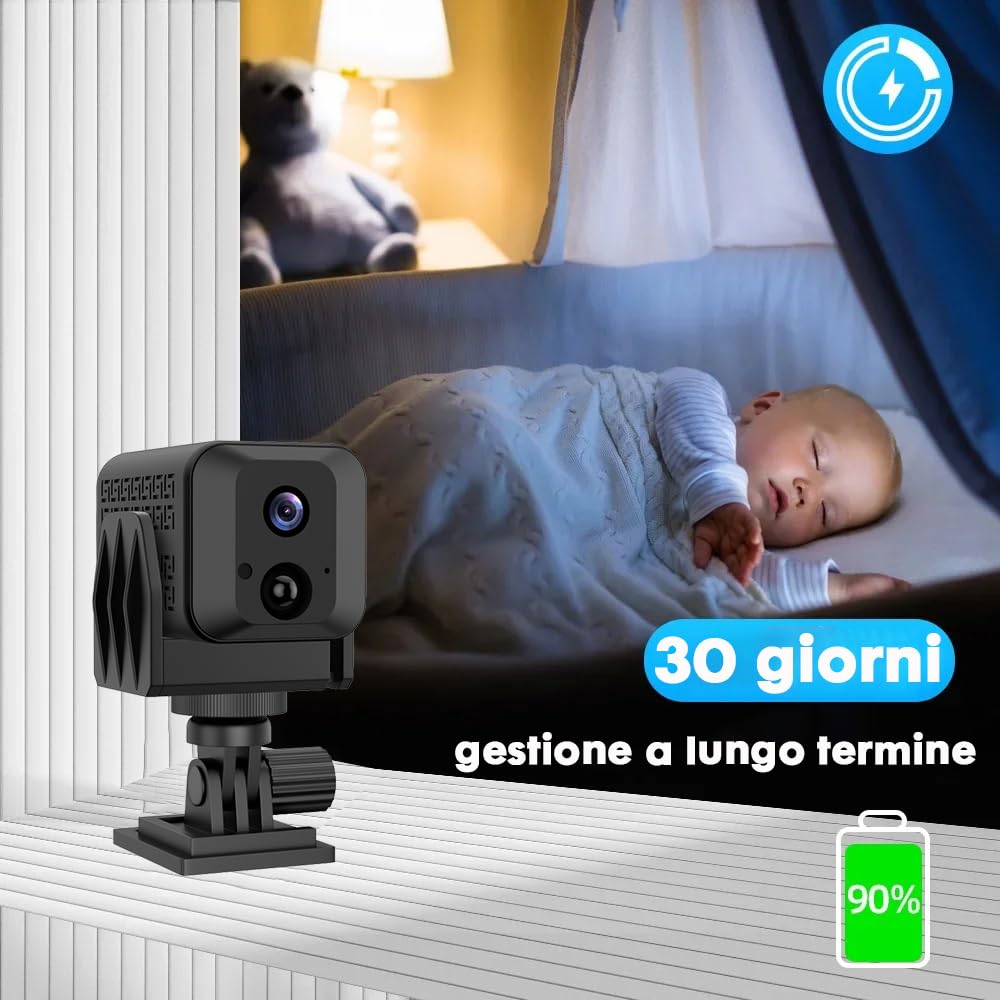 Mini fotocamera, telecamera di sorveglianza WiFi 4K HD con batteria integrata, piccola fotocamera con sensore di movimento, visione notturna, trasmissione in tempo reale e archiviazione cloud (mini2)