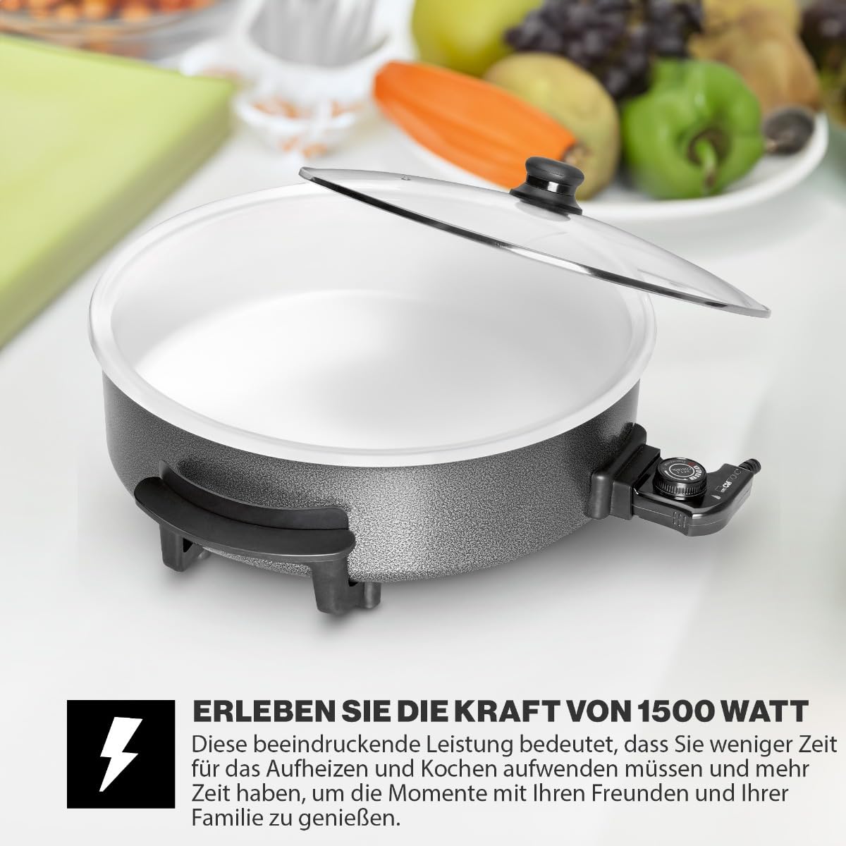 Clatronic Partypfanne Multifunktionspfanne Keramikbeschichteter Bräter mit Deckel Elektrischer Topf Thermostat Ø 42 cm PP 3570 C