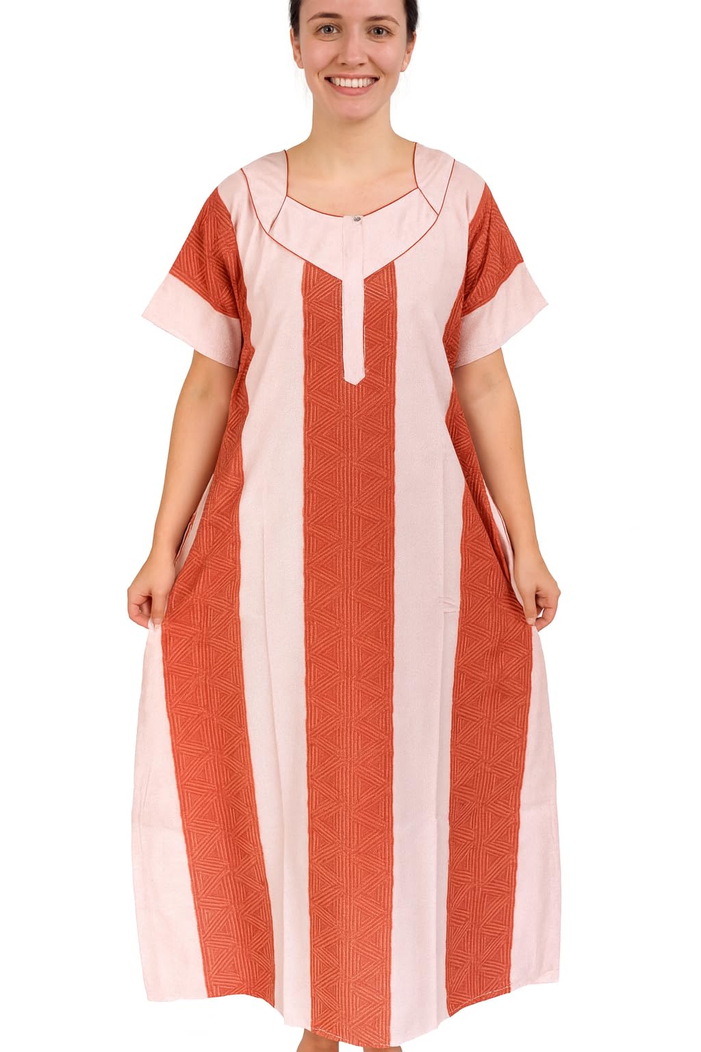 Cotton Nightgown for Women, Ankle Length, Round Neck, Short Sleeve, Geometric Print, Brown and Pink-image-10