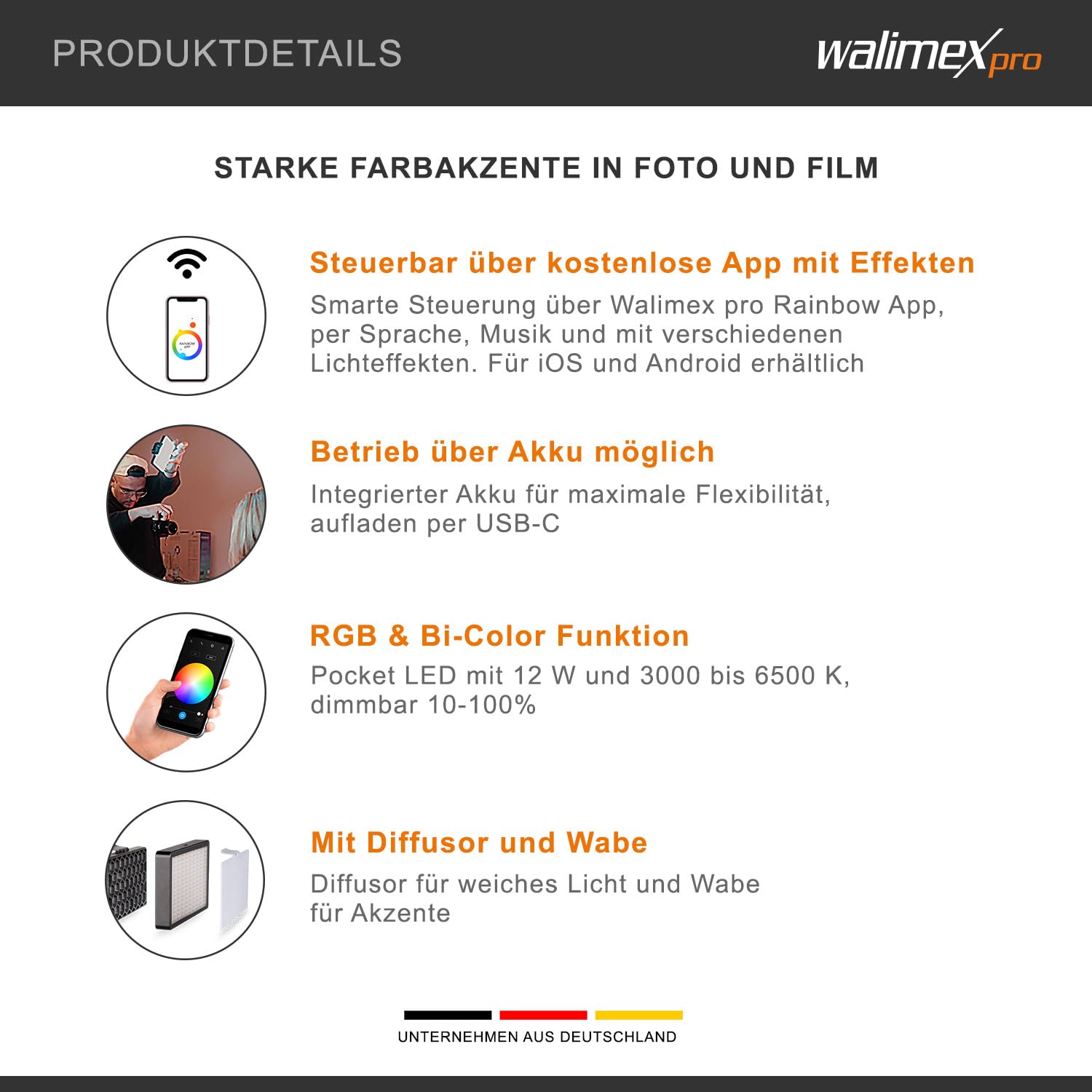 Walimex pro Rainbow Pocket LED-RGB – zdalnie sterowana, kompaktowa i mocna akumulatorowa lampa powierzchniowa z kolorowym i białym światłem dla kolorowych akcentów w fotografii i i filmie