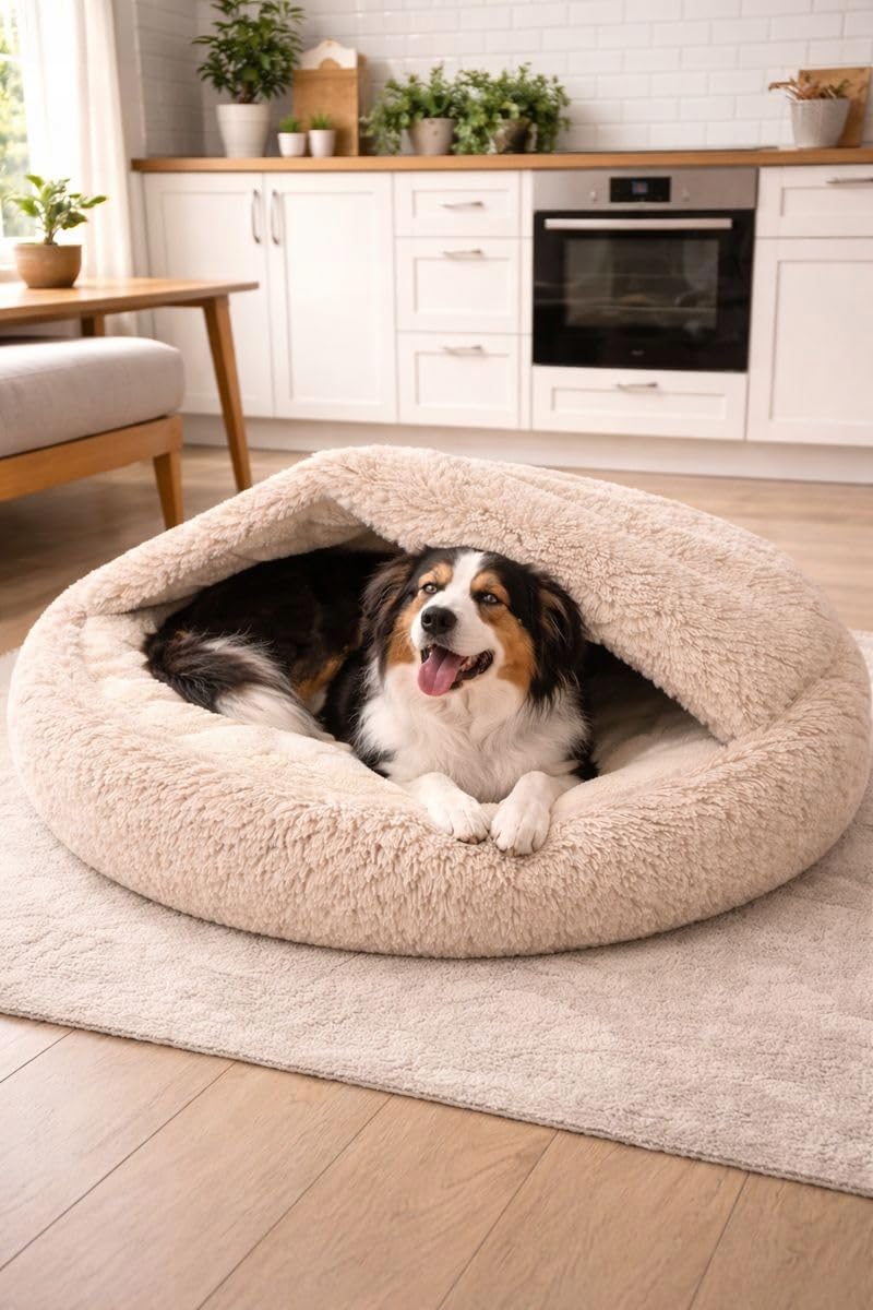 Odolplusz Cuccia rotonda per cani e gatti di taglia media, beige, Shaggy Bouclé, design grotte, sacco a pelo caldo, fondo antiscivolo, lavabile in lavatrice, 100 cm